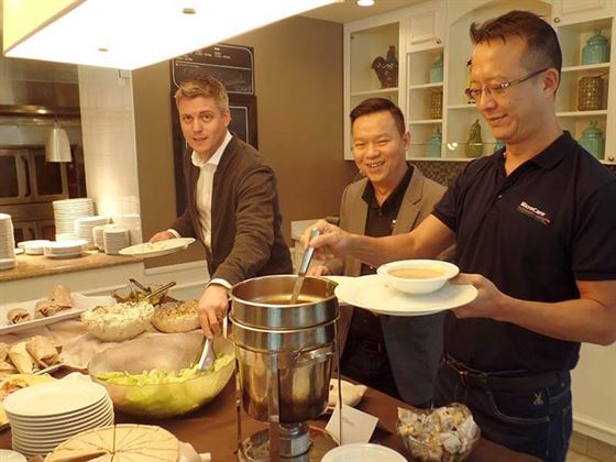 A sales team is like an army, and as Napoleon said, "it runs on it's stomach." At the MicroCare global sales meeting, keeping everybody fed is a top priority. Here Liam Taylor, Jerald Chan and Joe Ng enjoy the lunch break.